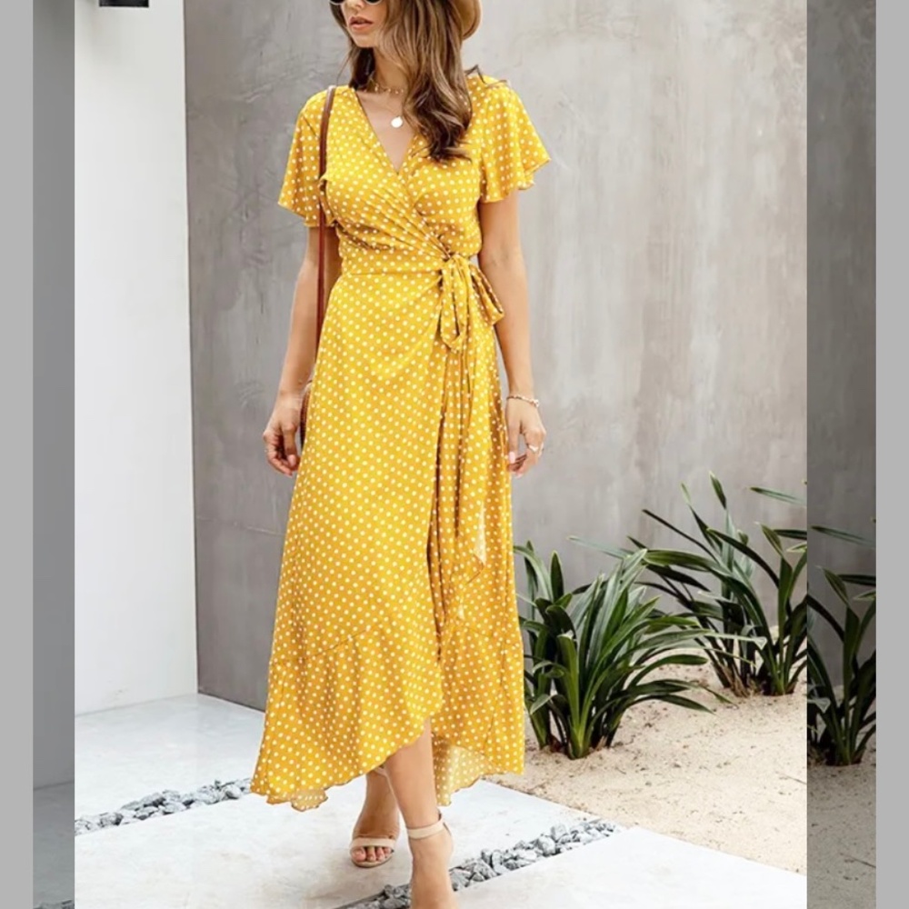 Yacun Womens High Split Polka Dot Wrap‎ Maxi Dress V-neck Short Sleeve